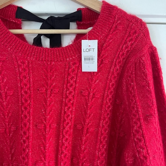 LOFT Cable Bobble Knit Tie Back Sweater Red - L - Picture 2 of 3